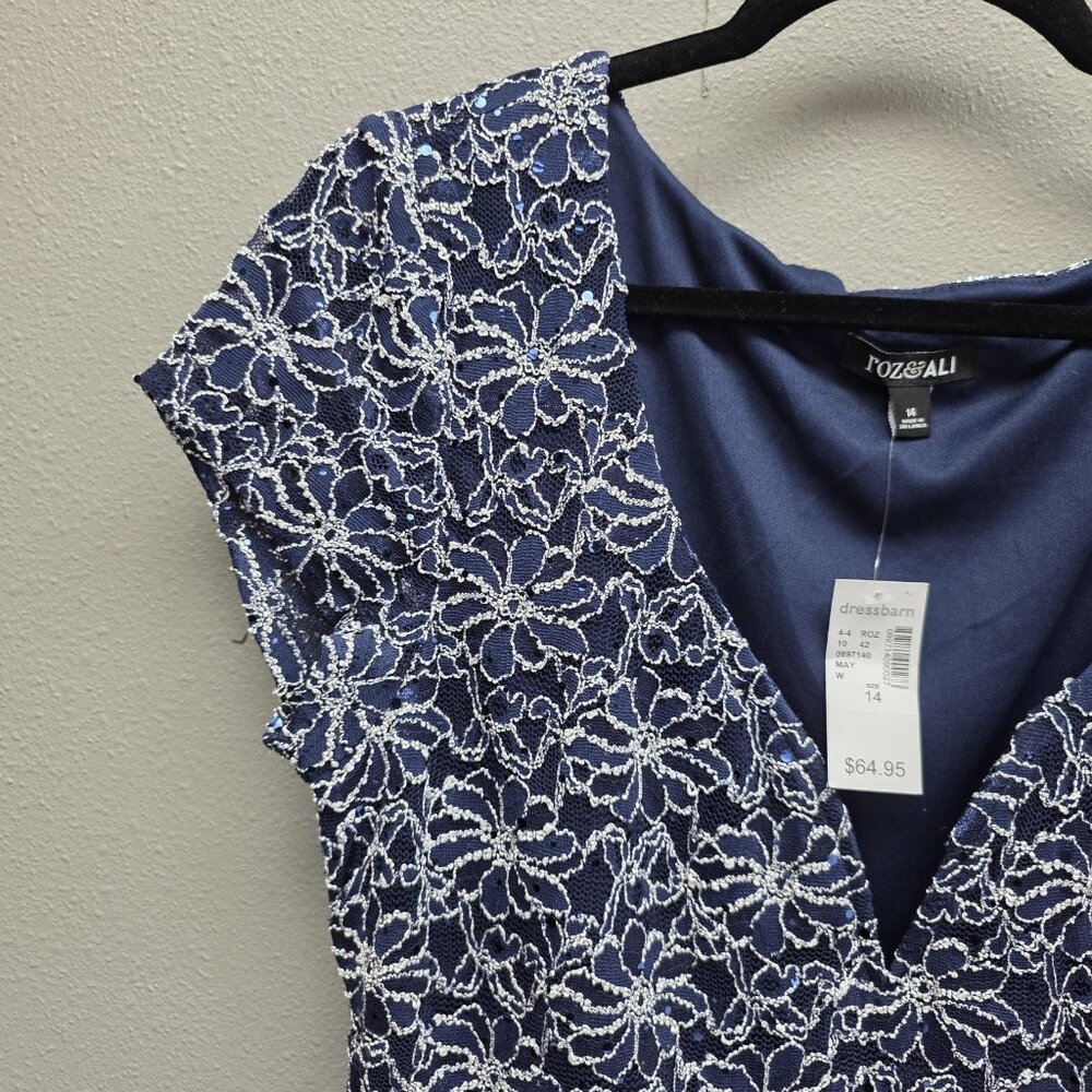 Roz & Ali Dress Womens 14 Navy Blue Lace Floral Sequin Sheath V Neck Cap Sleeve - Picture 2 of 12